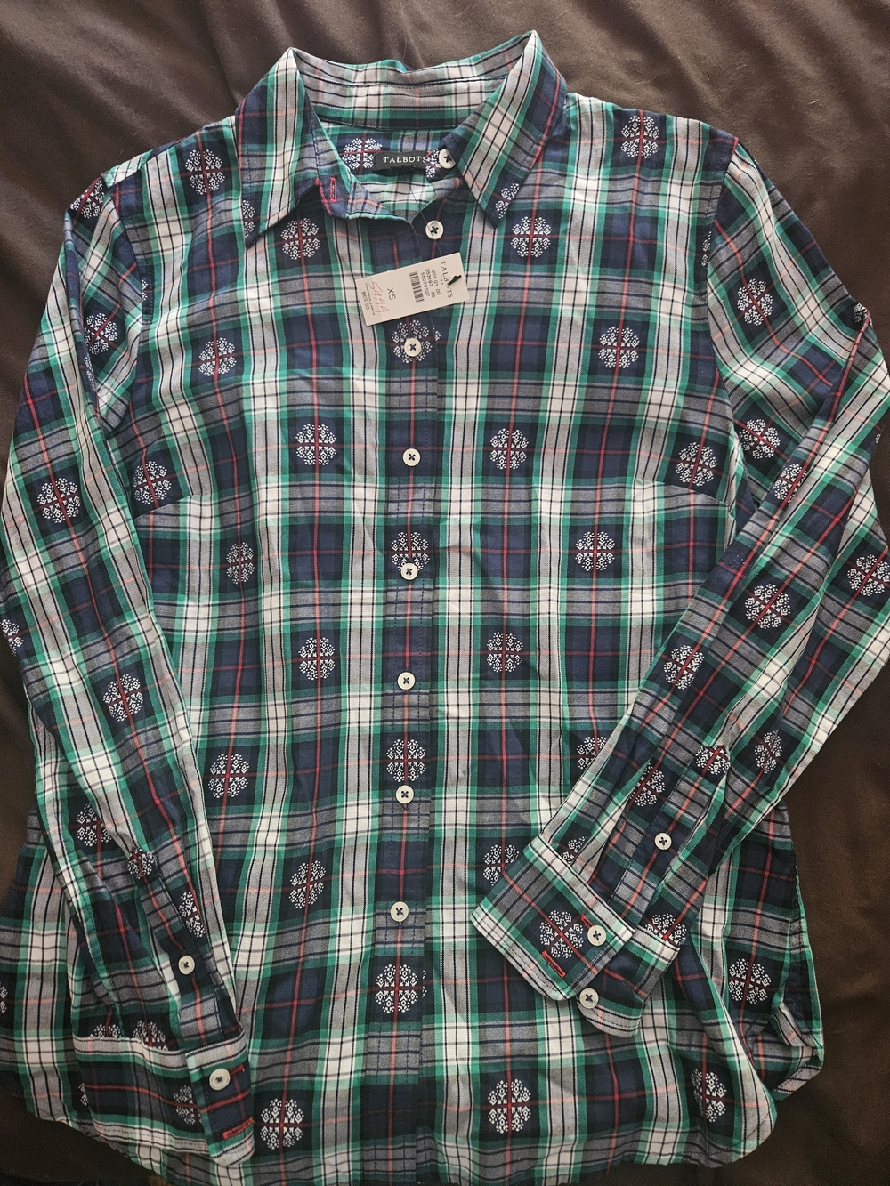 Talbots Green and Navy Plaid Button-Down Shirt with Subtle Motif